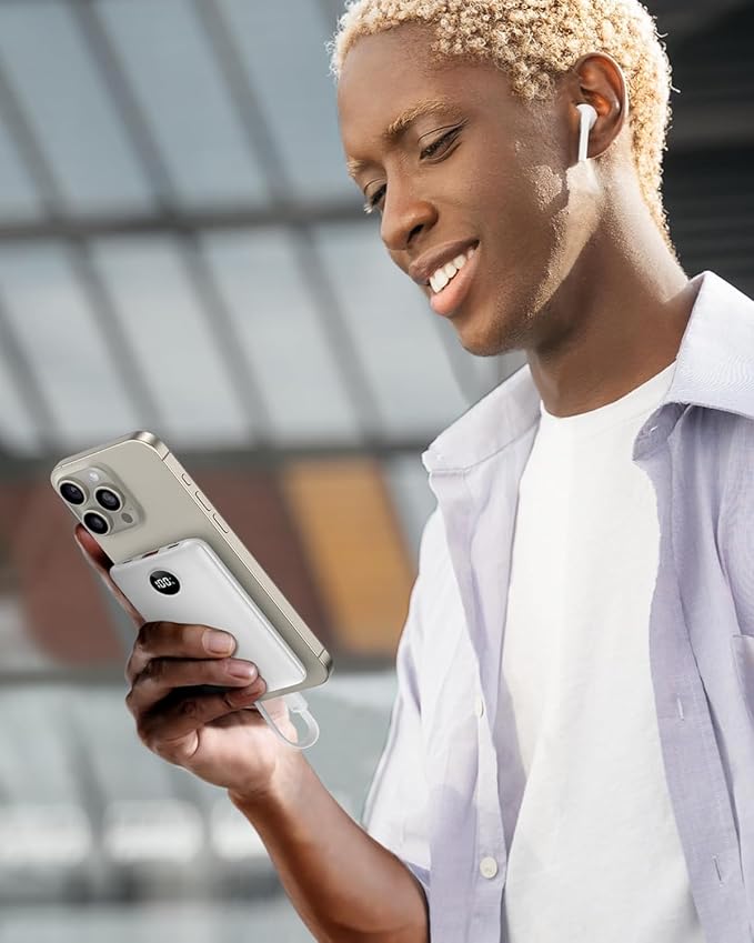 Mini Portable Charger with Built-in Cables 22.5W Fast Charging Power Bank USB-C Small Battery Pack 10000mAh Travel Essential Slim Battery for iPhone 17/16/15/14, Samsung 25/24, and More