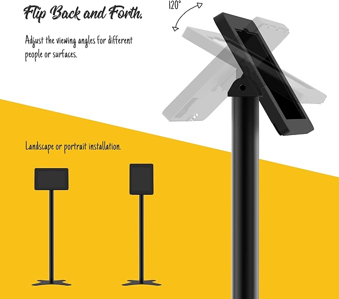 Tablet Kiosk Floor Stand, Anti-Theft, Rotate Lockable Metal Tablet Enclosure+Aluminum Pole+Metal Base, Compatible with 10.9" iPad 10th, Pro 11" 1 2 3 4, Air 4 5, Air 11", iPad 11"(A16)