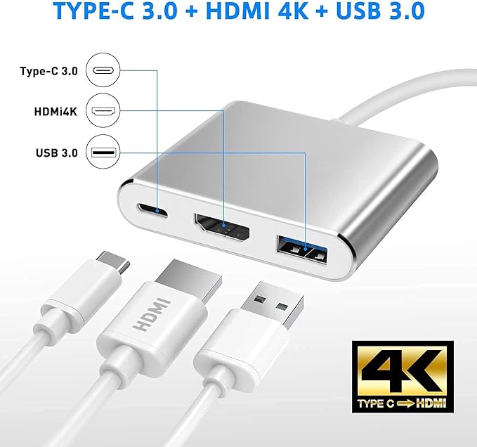 3 in 1 USB C to HDMI Adapter, Type C to 4K HDMI Adapter with 100W PD & USB 3.0 Port, Multiport Hub Compatible with MacBook Pro, iPad Air, iPhone 15/16, Laptop, TV, Switch, Monitor and More