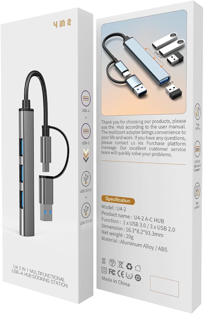 USB-C 4-in-2 Hub, Featuring USB 3.0 and 3 USB 2.0 Ports, Adapter Compatible with USB-C Laptops and Serves as a Dongle for USB Connectivity on MacBook Pro/Air,iPad Pro,iMac,iPhone 15 Pro,Xbox,PS5,XPS