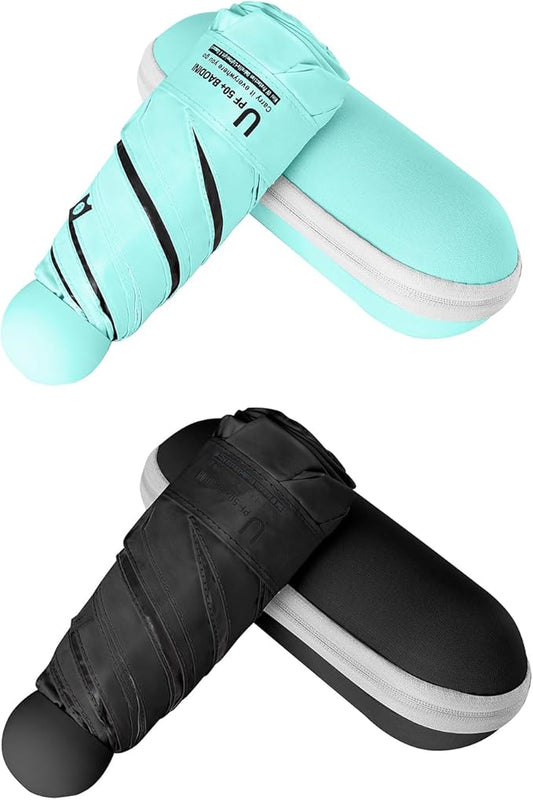 BAODINI Travel Essentials Mini Umbrella for Purse With Case Small Compact UV Sun Protection Lightweight Tiny Pocket Manual Open Close Umbrella for Women Kids and Men Fit Purse Backpack