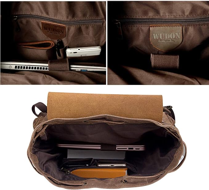 WUDON Leather Backpack for Men, Waxed Canvas Shoulder Rucksack Carry-On Travel Backpack