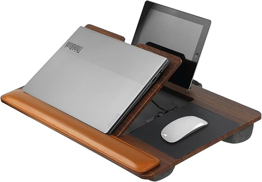 Adjustable Angle Laptop Tray with Leather Wrist Pad - Wooden Laptop Lap Desk with Soft Cushion, Laptops Table for Couch,Bed, Fits Laptops Up to 17 Inches, with Tablet Slot, Portable Handle, Brown