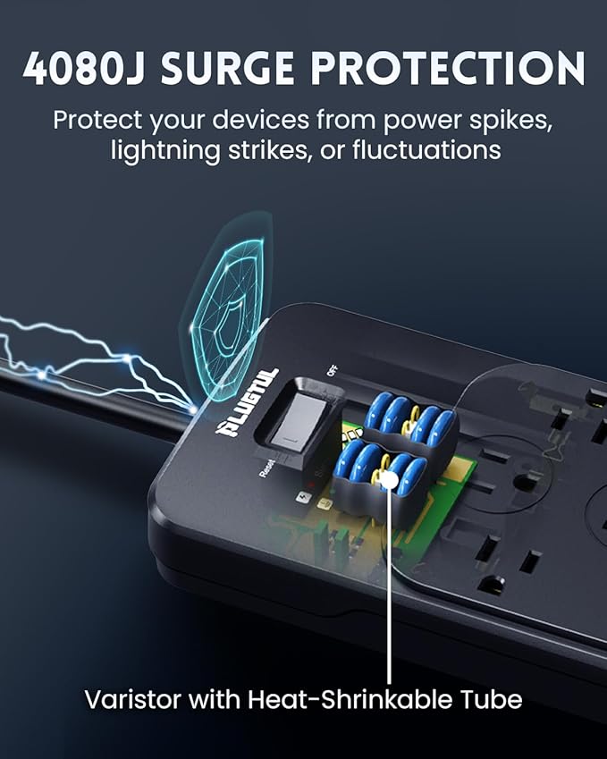 Surge Protector Power Strip 20FT(4080J), PLUGTUL Surge Protector with 12 Outlets - Spacious Design for Large Plugs, Flat Plug, 20W USB C Charging for Home, Office, ETL Listed