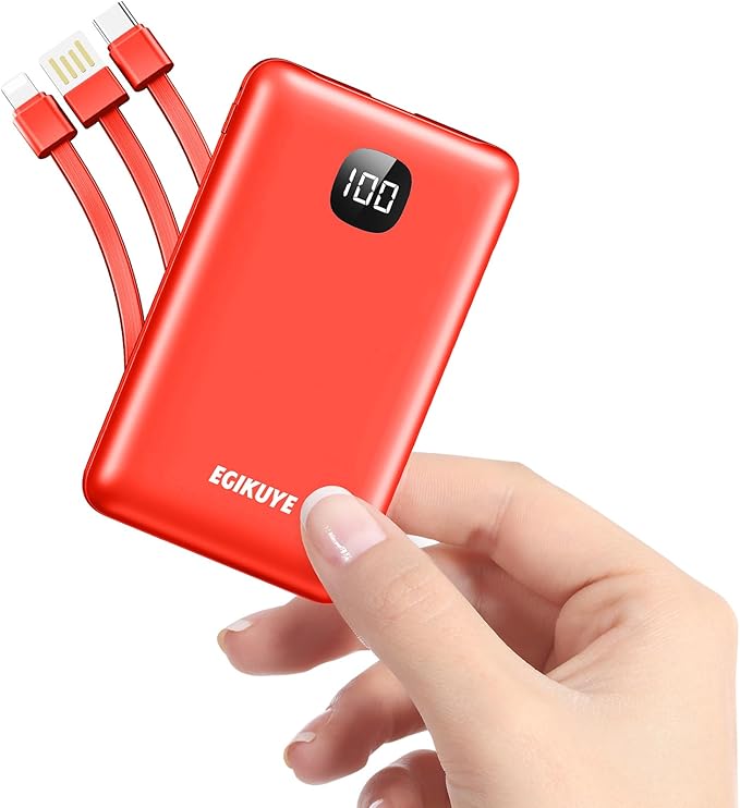 Portable Charger 10000mAh Power Bank with Digital Display, External Battery Pack with Built-in Cables, Ultra-Compact USB-C in&Out Travel Essential for iPhone, Android, Samsung etc (Red)