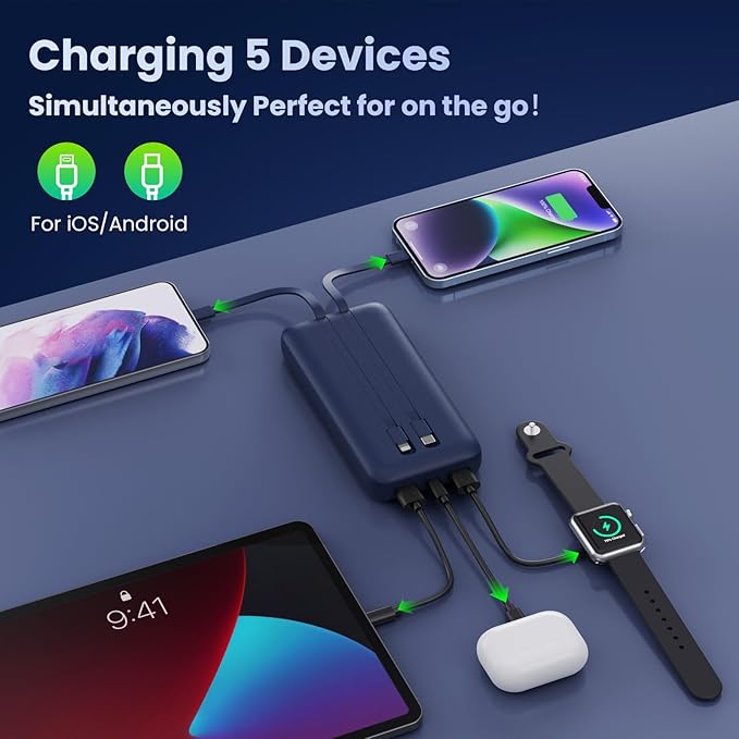 Portable Charger PowerBank 40,800mAh with 2 Built-in Cables,25W PD Fast Charging +QC 4.0 Quick Phone Charging Power Bank, 5 Outputs LCD Display USB C Battery Pack for iPhone 16/15 Android Galaxy etc