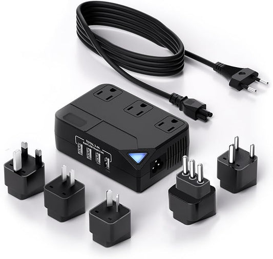 250 Watt Travel Voltage Converter, 100V-220V Travel Voltage Converter for Curlers, Hair Straighteners, Chargers with 4 USB Charging Ports and 3 AC Plugs, Includes A, C, D, G, I, L Plugs (Black)