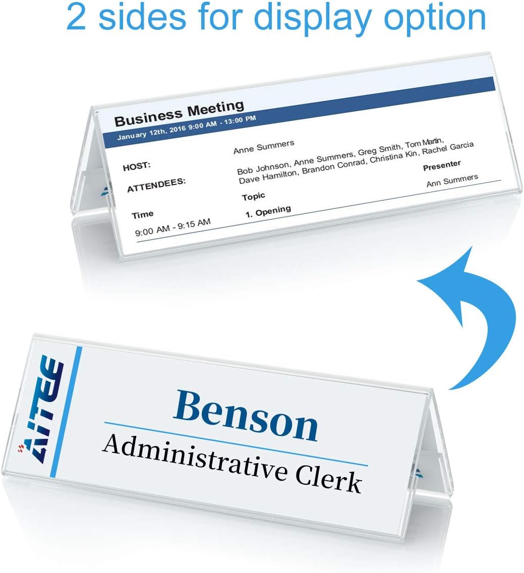 Acrylic 12 Pack Name Plates for Desks, AITEE 3x8.5 Clear Tent Name Plate Display for Office Conference, Reusable Name Tent Holder for Business Training Event