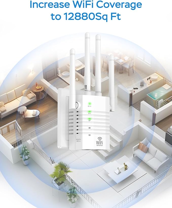 WiFi Extender Signal Booster with 4 Antennas, WiFi Extender with 1200Mbps Dual - Band, WiFi Booster Stable 12880 Sq.ft 105 Devices Coverage, Wall - Plug Easy Setup Home WiFi Repeater