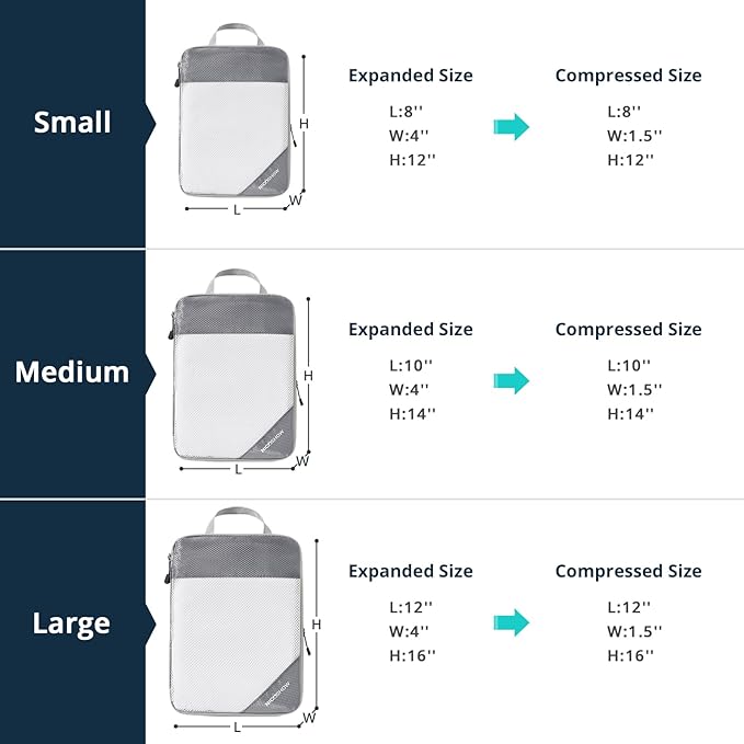 6 Set Compression Packing Cubes for Travel - Compressible, Lightweight, and Space-Saving Packing Cubes, Travel Essentials for Women, Grey