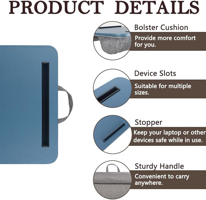 Portable Laptop Desk Fits Up to 16“ Laptops, with Tablet Slot, Built-in Cushion, Great for Home & Office,Lap Desk for Laptop,Lap Desk with Cushion (Blue, Medium)