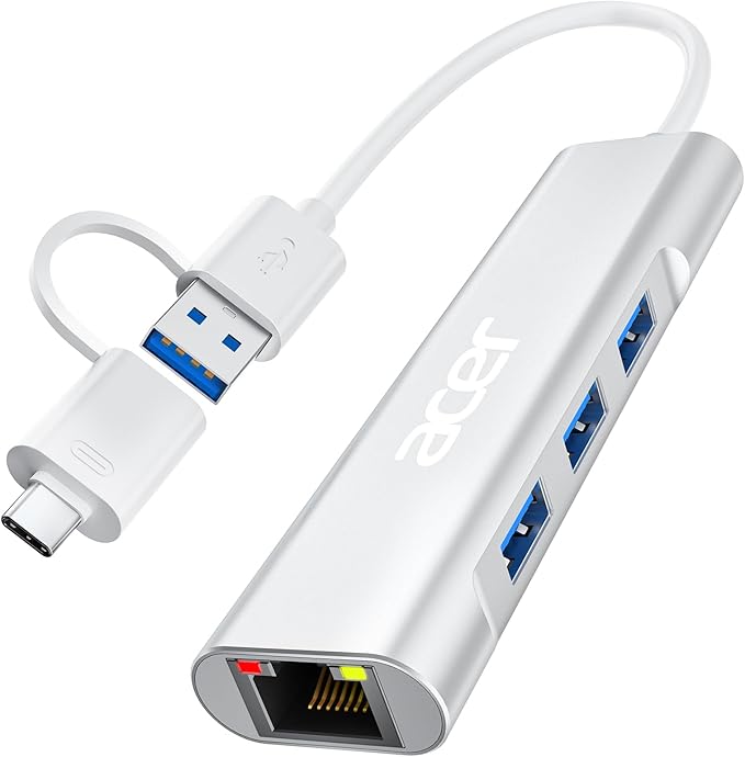 Acer USB C to Ethernet Adapter, 4-in-1 USB-A/C Hub with 3 USB-A 3.1 & 1Gbps RJ45 Networks, USB-C to LAN Adapter for MacBook Pro Air, Surface, Chromebook, Acer, Laptop, and More