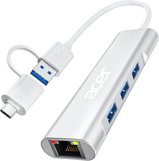 Acer USB C to Ethernet Adapter, 4-in-1 USB-A/C Hub with 3 USB-A 3.1 & 1Gbps RJ45 Networks, USB-C to LAN Adapter for MacBook Pro Air, Surface, Chromebook, Acer, Laptop, and More