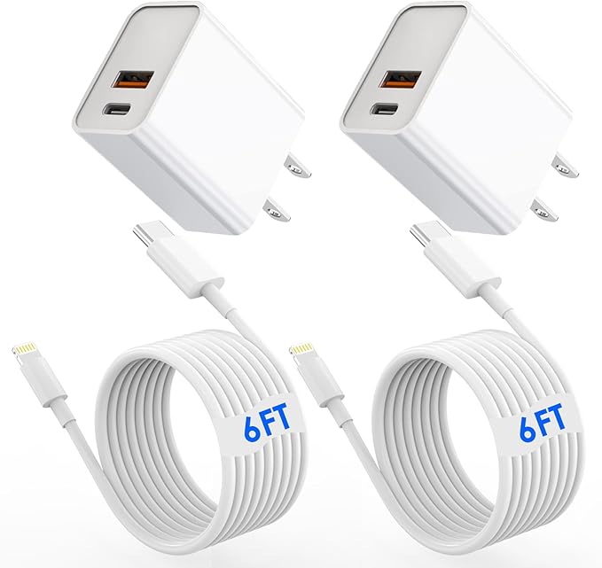 iPhone Fast Charger,[MFi Certified]2Packs 20W Dual Port PD/QC3.0 USB C Wall Charger with 6FT USB C to Lightning Cable Data Sync Cord For Apple iPhone 14 13 12 11 Pro Max X Xr Xs Max 8Plus, AirPods Pro