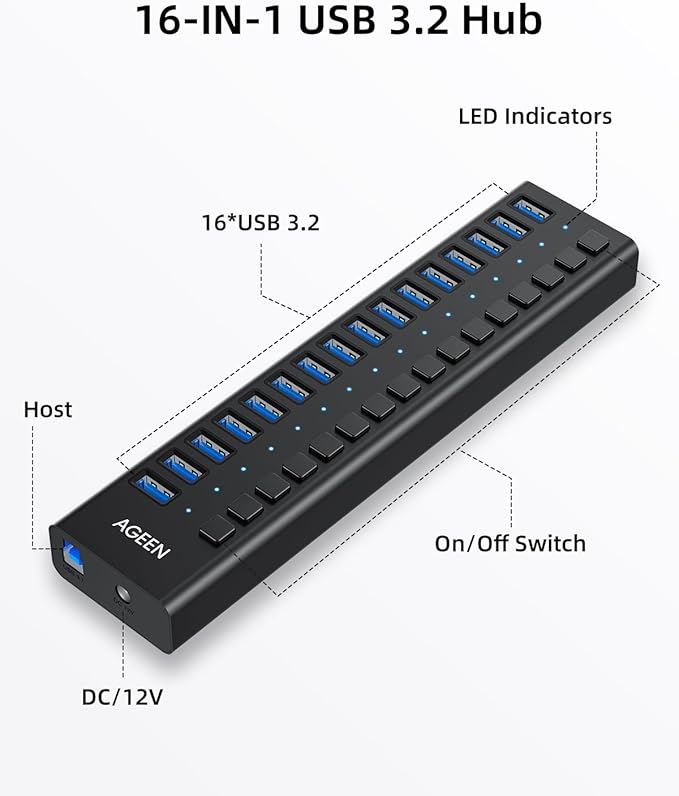 AGEEN 16-Port USB 3.2 Gen 2 Hub, 10Gbps High-Speed Aluminum Powered Hub with 96W Adapter, Individual Switches & Surge Protection for PC/Laptop, Flash Drive, Printer, Camera