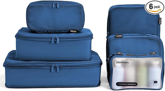 6 Set Compression Packing Cubes for Travel, Large Medium Small Luggage Organizers (Dark Blue)