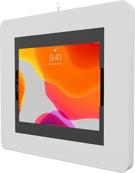 Locking iPad Wall Mount - CTA Anti-Theft Large Locking Tablet Enclosure w/ Key Lock and Interior Cable Routing for iPad Pro 12.9", Surface Pro 3, 4, 5, 6, 7, 8, X - White - (PAD-PLWW)