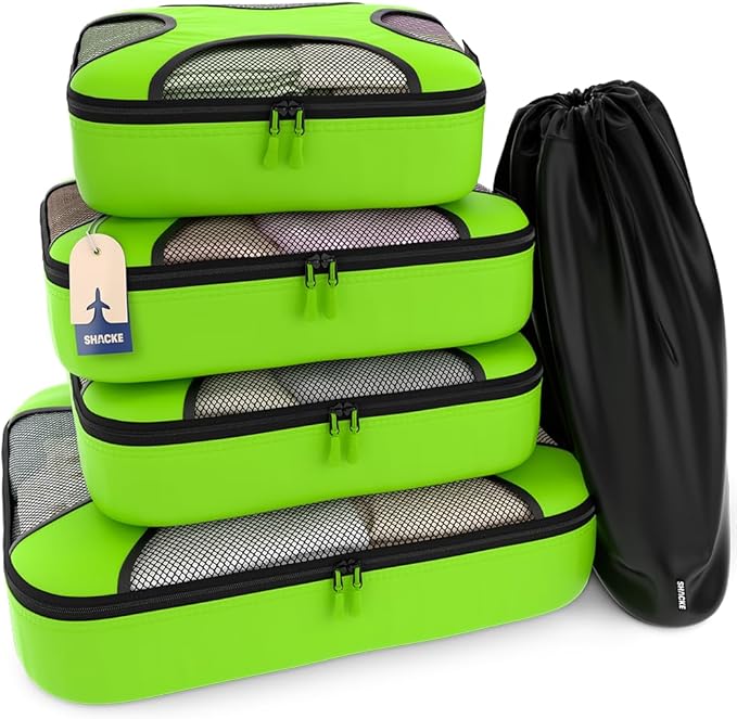 Shacke Premium 5 Packing Cubes Set - Lightweight Mesh Travel Luggage Organizers with Laundry Bag, 5-Piece Suitcase Storage System (Green Grass)