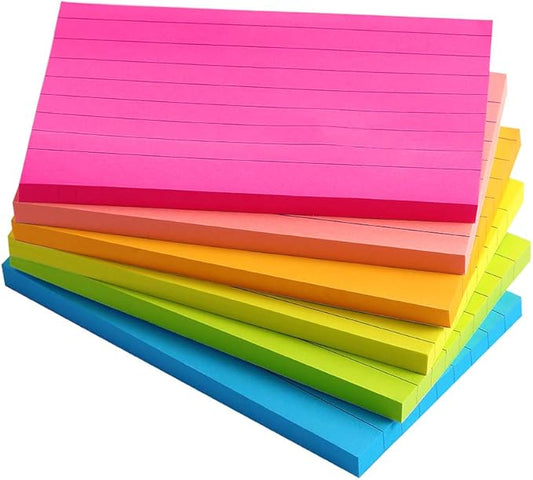 Lined Sticky Notes 3X5 in Bright Ruled Stickies Colorful Super Sticking Power Memo Pads Strong Adhesive, 6 Pads/Pack, 75 Sheets/pad