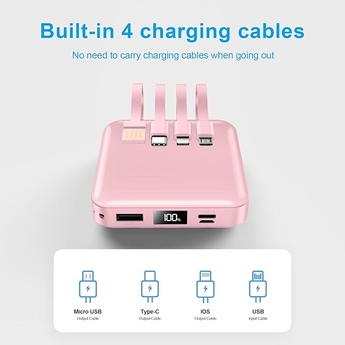 Portable Charger with Built-in Cable,12000mAh 22.5W Fast Charging Small Power Bank,USB C Input/Output with Smart LED Display,External Battery Pack for iPhone,Tablet,Samsung
