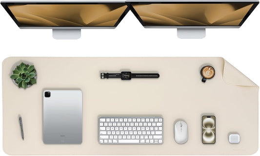 Oversized Non-Slip Desk Pad Protector – Grips Desk Firmly, Anti-Slip Like You've Never Seen! Vegan Leather Waterproof Laptop Mat for Keyboard & Mouse – Large Office Pad– Creamy White