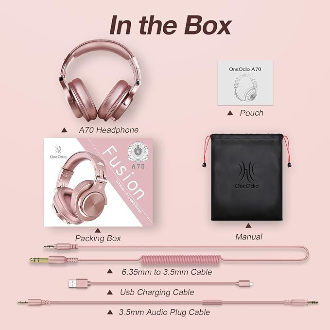 OneOdio A70 Bluetooth Over Ear Headphones, Wireless Headphones w/ 72H Playtime, Hi-Res, 3.5mm/6.35mm Wired Audio Jack for Studio Monitor & Mixing DJ Guitar AMP, Computer Laptop PC Tablet - Rose Gold