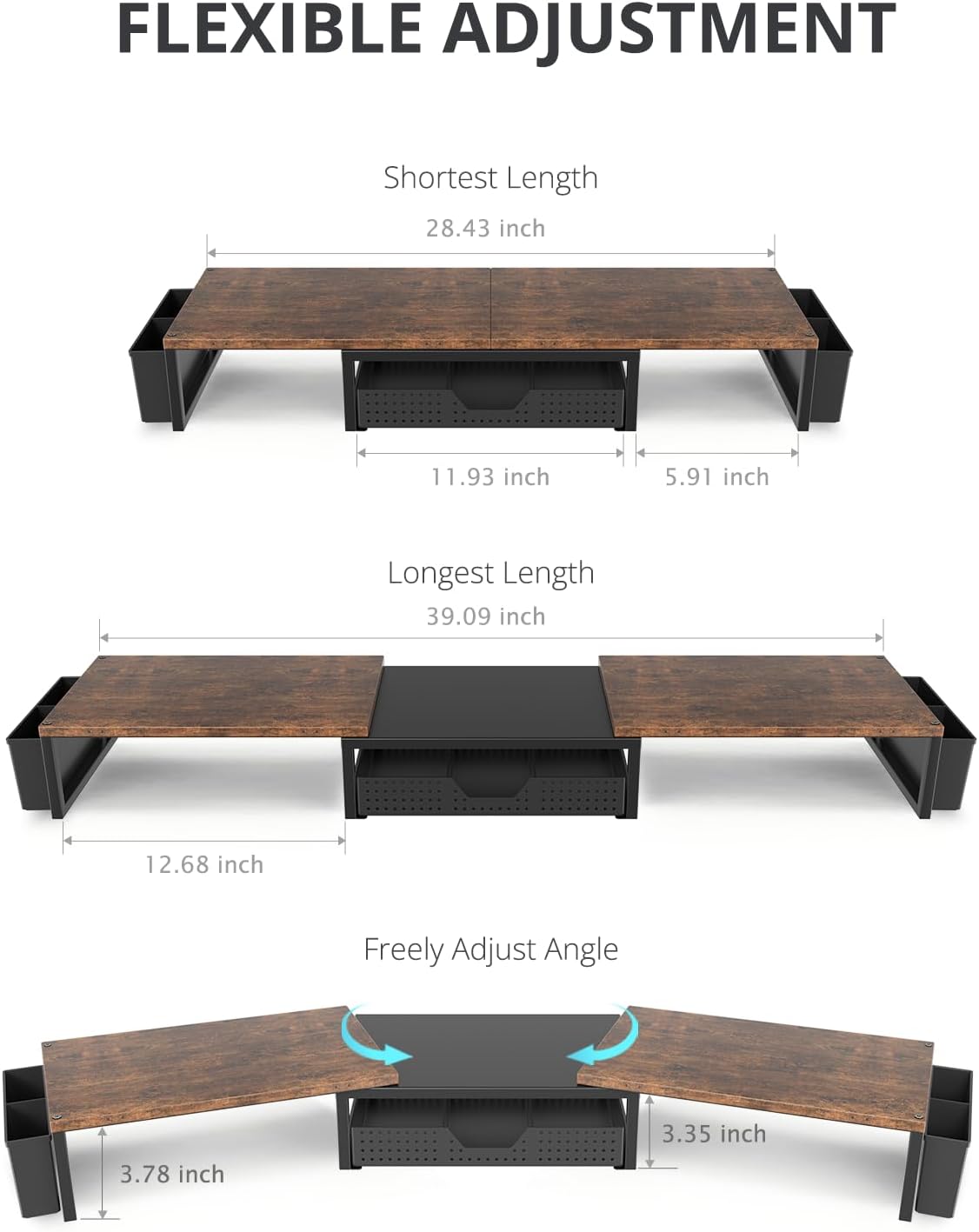 Desk Dual Monitor Stand Riser - Desk Organizer with Drawer and Pen Holders, Office Desk Accessories & Workspace Organization, Computer Monitor Stand for Laptop, Printer, TV, Office Decor, Wood