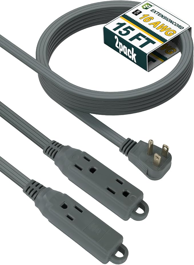 EP 15 Ft 3 Outlet Extension Cord with Flat Plug, 3 Prong Grounded, 16/3 SPT-3 Power Cable for Indoor Use, Grey, 2 Pack