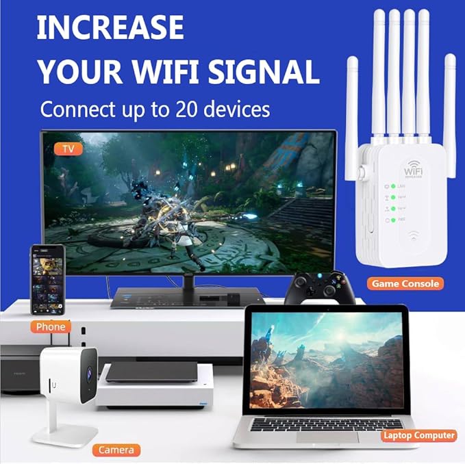 WiFi Extender Signal Booster, 2025 Best WiFi Extender with Ethernet Port, 1200Mbps WiFi Booster Dual Band 5GHz/2.4GHz, Up to 9800 Sq.ft and 60 Devices, Stable Internet Performance, 1-Tap Setup, White