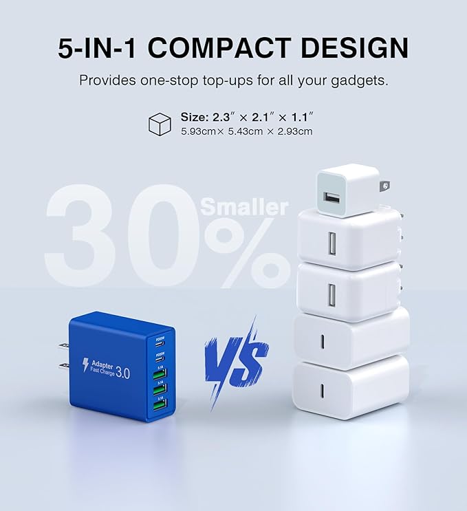 USB C Wall Charger, 50W USB C Charger Block 2-Pack 5-Port PD Fast Charging Blocks,Multiport 2USB C+3USB A Plug,Type C Power Adapter Brick Cube for iPhone 17/16/15/14/13,Samsung,for Switch（Dark Blue）