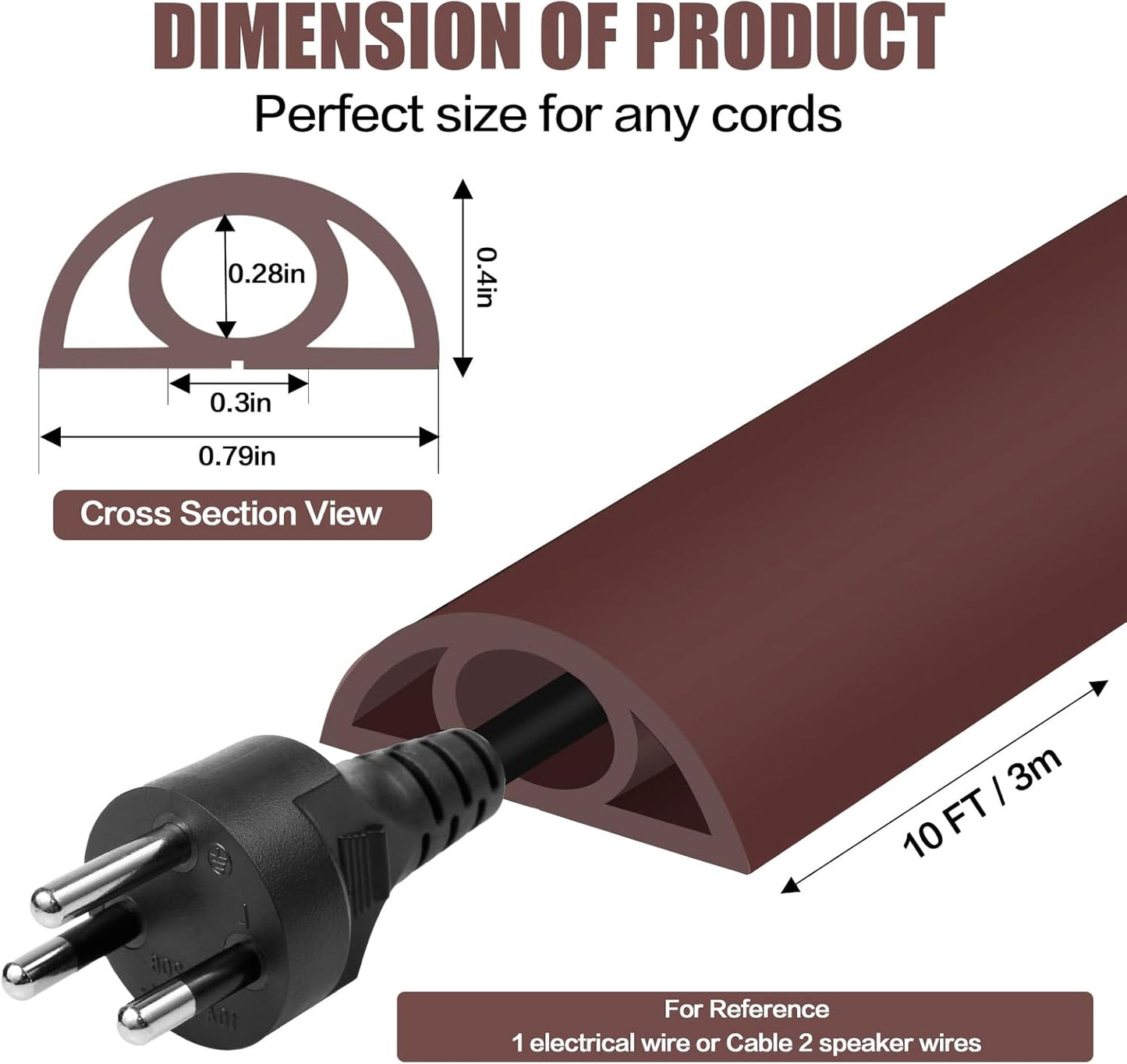 Floor Cord Cover Self Adhesive Cord Hider,10FT Cable Management, Extension Strip Protector for Wires, Prevent Cable Trips for Offices, Gyms, Exhibitions Cavity:0.3"(W) x 0.28"(H) Coffee