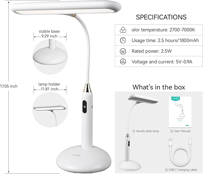 VAVOFO LED Desk Lamp 6778B - Touch Control, Adjustable 2700-7000K Color Temperature, 700 Lumens, 360° Flexible Gooseneck, USB-C Charging, 2.5hrs Cordless, Eye-Caring Light (White)