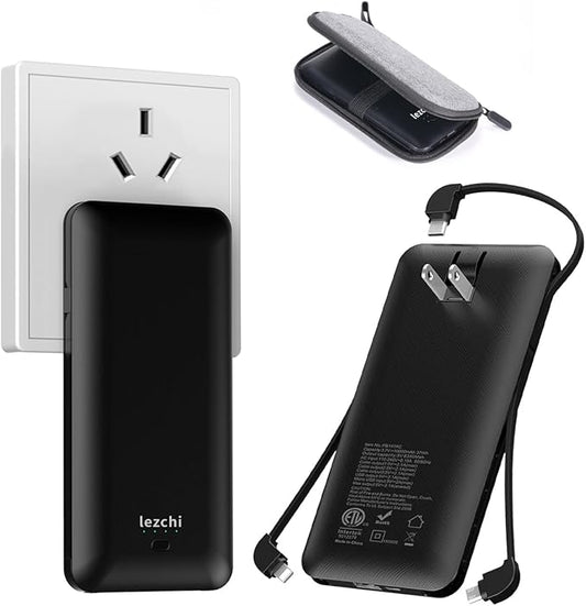 Portable Power Bank, Ultra Slim 10000mAh Portable Charger with Built in Cable, USB C External Battery Pack with Built-in AC Wall Plug Compatible with iPhone Smartphone Tablet…