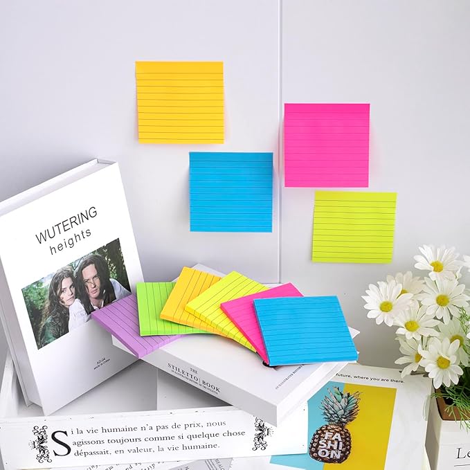 (36 Pads) Lined Sticky Notes 4x4 in, 6 Bright Colors Self-Stick Note Pads, Strong Adhesive, 47 Sheets/Pad