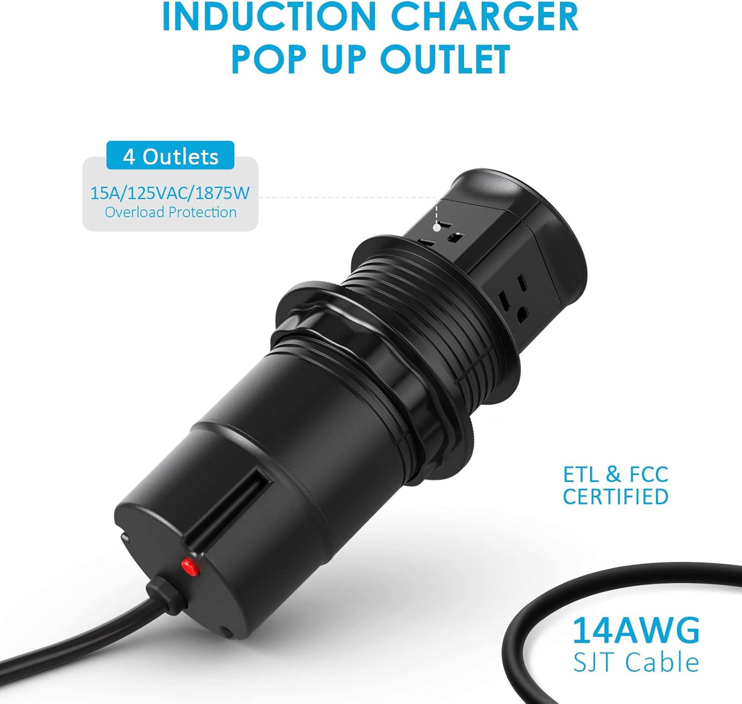 Jgstkcity Pop Up Outlet with 15W Wireless Charger,4 Outlets 15A, Splash Resistant,3 inch Desk Hole Power Grommet,Space Saver Outlet for Kitchen Countertop,Office Conference Table,ETL Listed (Black)