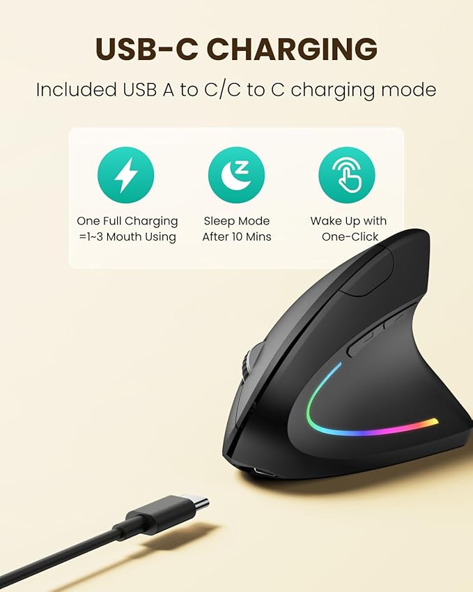 Ergonomic Wireless Rechargeable Mouse, Bluetooth+USB A+Type C(3 in 1) Connection, 5 Levels Up to 4800 DPI, 6 Silent Buttons, 2.4GHz Carpal Tunnel Vertical Mice, for Laptop, Desktop,MacBook-black