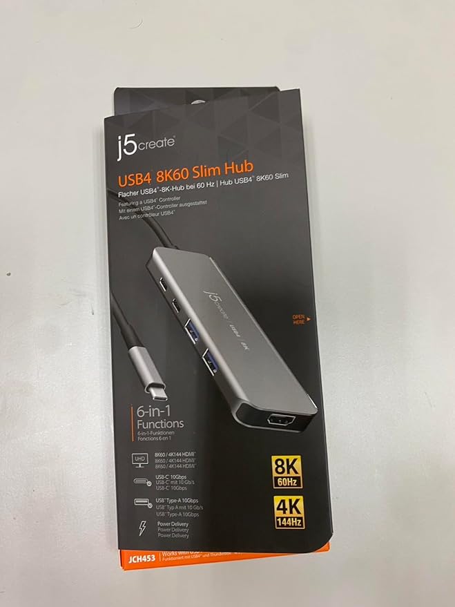 j5create USB4 8K60 Slim Hub - 6 in 1 USB4 Hub with 8K60/4K144 HDMI, PD Charging, USB-A, USB-C Ports | Compatible with MacBook, Windows Laptops, Thunderbolt 3/4, and USB4 Devices (JCH453)