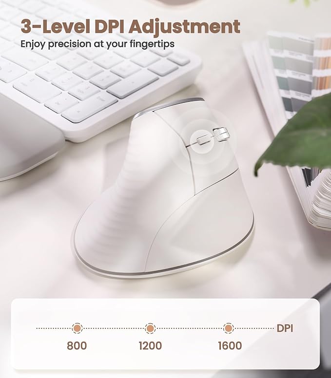 Nulea M510 Vertical Mouse Wireless, Ergonomic Mouse for Comfy Tracking, 3 Adjustable DPI (800-1200-1600), 2.4G Wireless Vertical Mouse with 6 Buttons, Compatible with Windows, Mac OS, Laptop, White