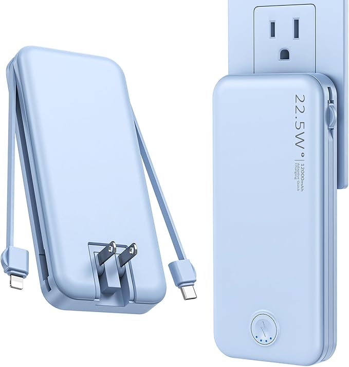 Portable Charger with Built in Cable and AC Wall Plug, USB C Power Bank 12000mAh 22.5W Super Fast Charging, Lightweight Portable Phone Charger Travel Battery Pack for iPhone, ect (Light Blue)