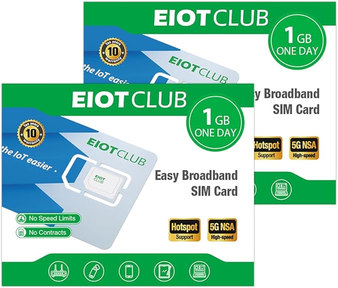 (2 Pack) EIOTCLUB Prepaid Data SIM Card, 5G/4G LTE Nationwide Coverage, Compatible with AT&T Network | Data Only SIM Card for Routers, Portable WiFi Hotspots, Tablets & Unlocked Phones, No Contract