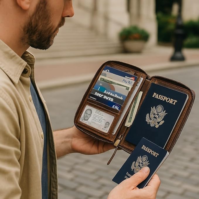 Passport Wallet - Travel Document Holder w/RFID Blocking – Full Grain Leather – Bifold compact zip around Wallet with Credit Card Slots for Women and Men, brown skull,500-31