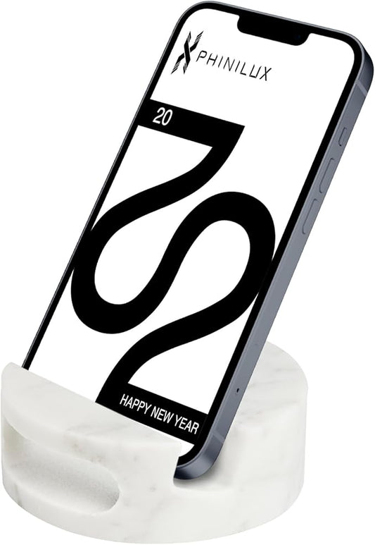 Luxury Marble Cell Marble Phone Stand with Sound, Phone Holder for Cellphone Tablet On Office Desk,Kitchen,Countertop, Nightstand,Round, Carrara White