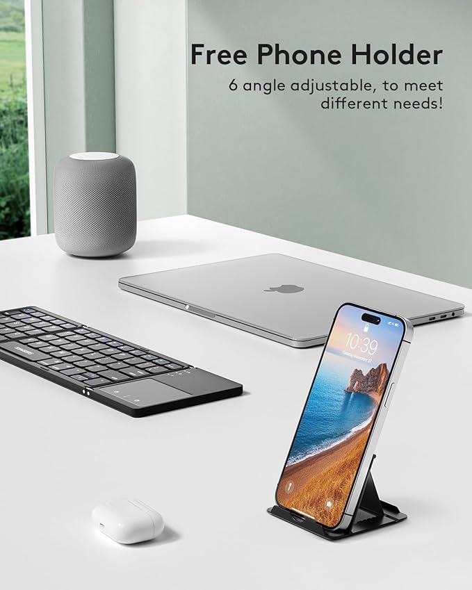 Samsers Foldable Bluetooth Keyboard with Touchpad - Portable Wireless Keyboard with Holder, Rechargeable Full Size Ultra Slim Pocket Folding Keyboards for Android Windows iOS Tablet & Laptop - Black