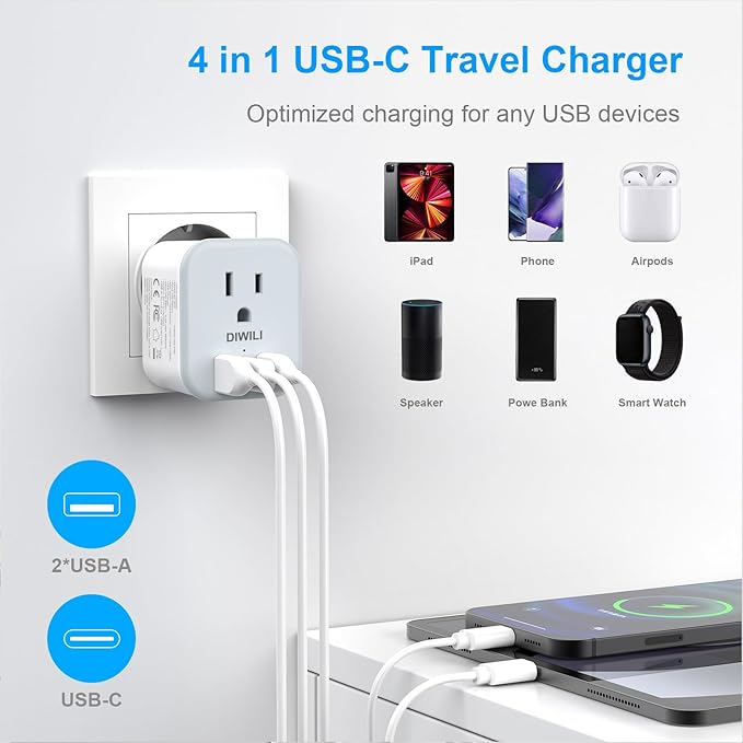 European Travel Plug Adapter, Foldable Power Adapter with 3 USB(1 USB C Port) and 1 AC Outlets, 2 in 1 Type C/L EU Outlet Adapter for US to Most of Europe France Germany Spain Italy(1 Pack)