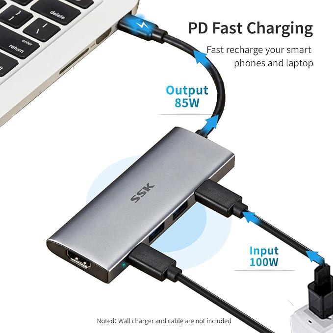 SSK 100W USB-C HUB, USB3.2 Gen 2 10Gbps 5 in 1 Type C Multiport Adapter with 4K HDMI, 2 USB C with 1 PD Powered, 2 USB A 3.2 Gen2 Ports, SuperSpeed USB Dock for Laptop MacBook Pro Air Dell Hp Lenovo