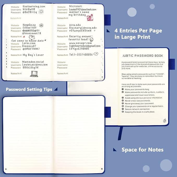 JUBTIC Password Book with Alphabetical Tabs. Medium Size Password Keeper Logbook for Internet Log in, Website Address. Hardcover Password Journal Notebook & Organizer for Home Office, Arabian Blue