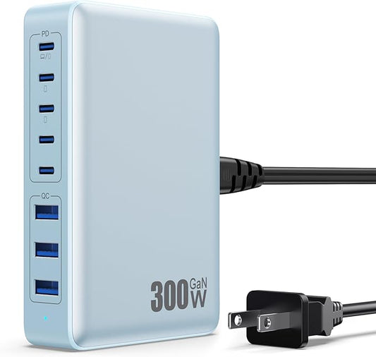 USB C Charger 300W USB C Charger Block, 8-Ports GaN IV Fast Charging Station Hub,PD 100W Laptop Charger Adapter,for MacBook Pro/Air/iPad/iPhone16/15/14/Apple Watch/DELL/Samsung for Home Office