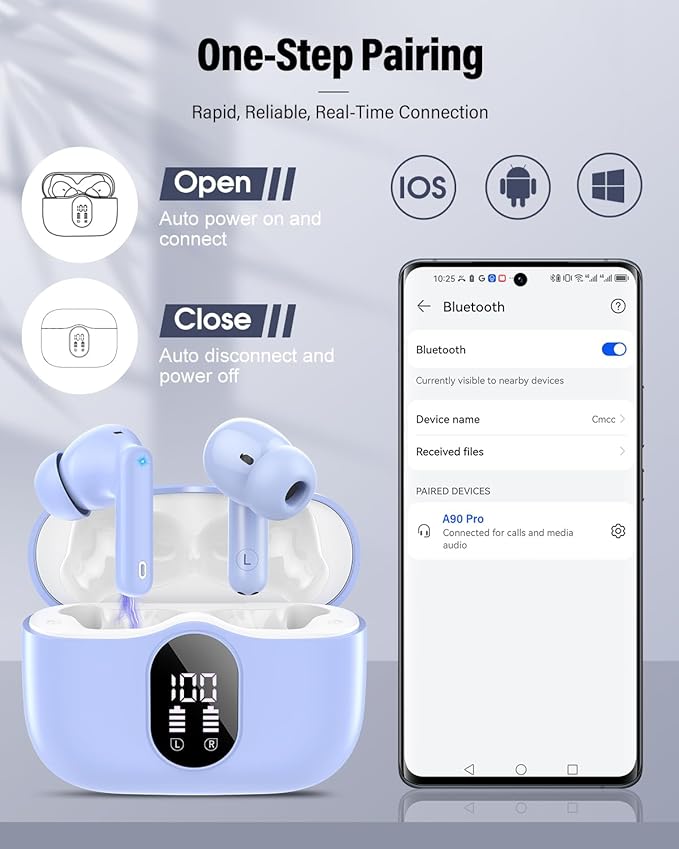 Wireless Earbuds, Bluetooth 5.4 Headphones Bass Stereo, Ear Buds with Noise Cancelling Mic, LED Display in Ear Earphones Clear Calls, IP7 Waterproof Bluetooth Earbuds for Laptop/Phones, Pale Blue