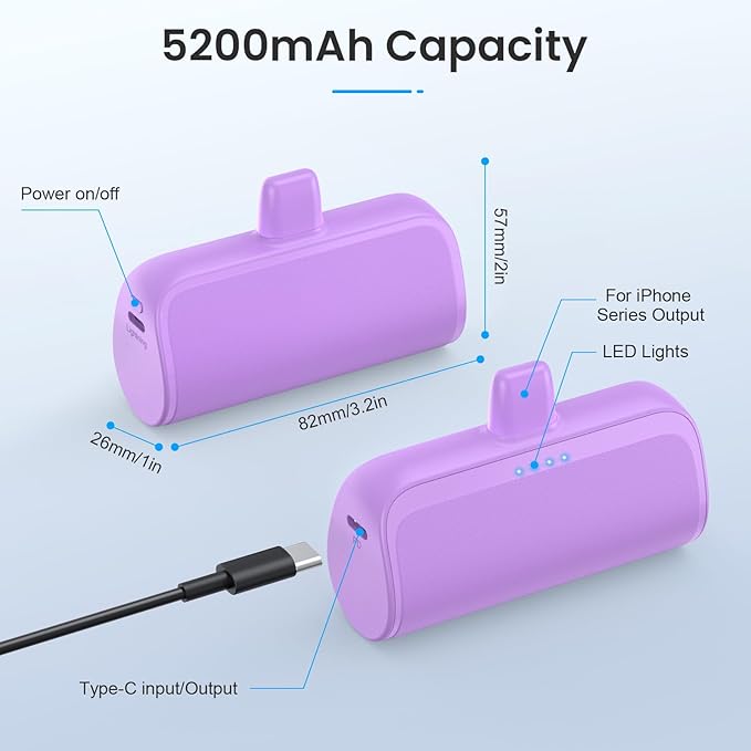 [2 Pack]Mini Portable Charger for iPhone,5200mAh Ultra-Compact Fast Charging Power Bank Cordless Cute Small Smart Battery Pack Compatible with iPhone 14/14 Pro Max/13/13 Pro/12/XR/8/7/6(Pink+Purple)