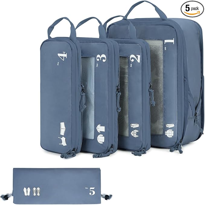 ECOHUB 5 Set Compression Packing Cubes for Suitcases Organiser Bags Set Travel Essentials with Shoe Bag for Traveling Tear-resistant Travel Accessories with ID Tag Expandable Packing Bags(All Blue)